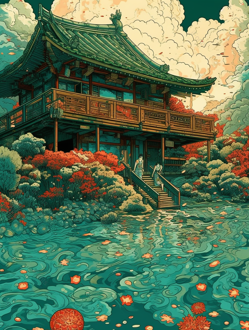 在安逸的古建筑下聊天的两人国风背景,插画/手绘图,插画/手绘图库,插画/手绘图下载,插画/手绘
